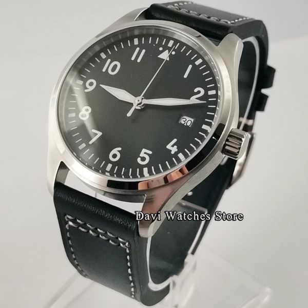 

wristwatches corgeut 40mm mens watches silver case black dial luminous date nh35 automatic movement waterproof mechanical wristwatch, Slivery;brown