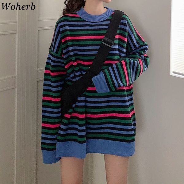 

harajuku retro rainbow knitted striped sweater women pullover sweaters streetwear fashion autumn jumper 210422, White;black
