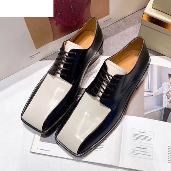 

sandals square toe retro derby shoes women real leather black white mixed color lace up single british style spring loafers female