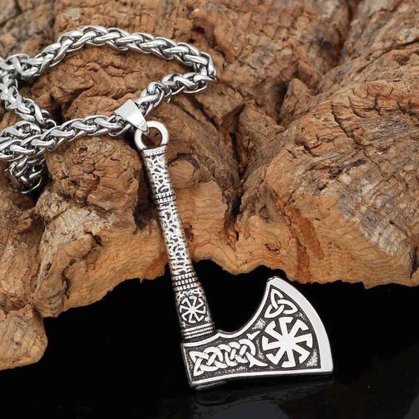 

nordic mythology viking odinsol axe necklace with long sweater chain jewelry, Silver