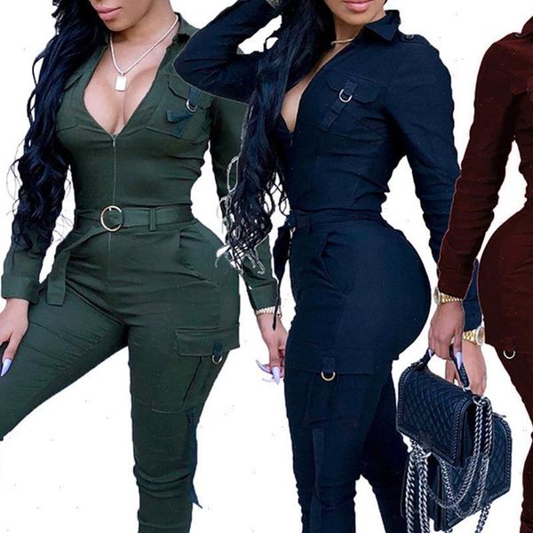 

women rompers bodycon jumpsuit v neck long sleeve army green solid casual bodysuit ladies vintage romper, Black;white