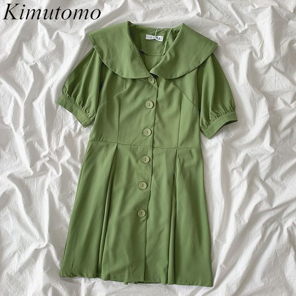 Kimutomo Katı Renk Elbise Kadınlar Yeşil Moda Bahar Kore Chic Kadın Peter Pan Yaka Kısa Kollu Ince Vestido 210521