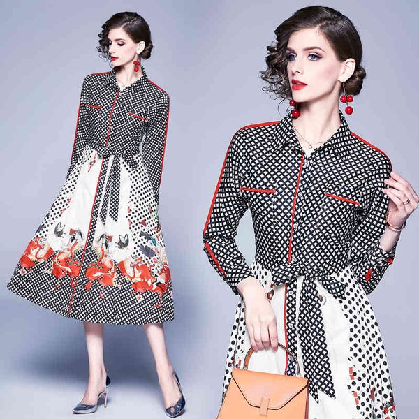 

casual dresses spring fashion runway retro dot printed shirt women's long sleeve belted vintage print holiday midi ttrq, Black;gray