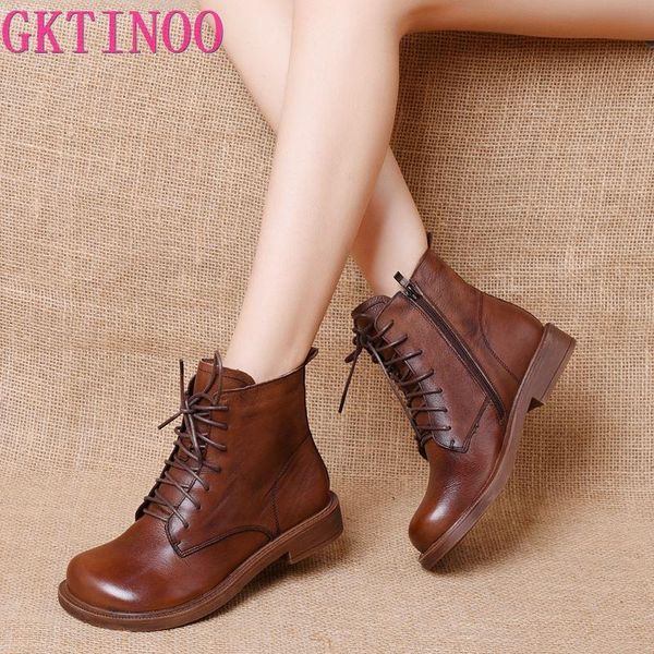 

boots gktinoo women shoes 2021 spring genuine leather female short booties british lace-up retro motorcycle, Black
