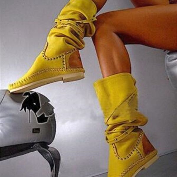 

boots fashion yellow women flat stretch rivets stud knee winter long boot plus size 10 customized 5z23, Black