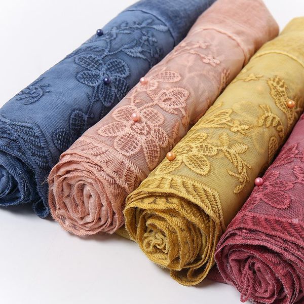 

scarves embroidered cotton hijab with lace floral pearl solid long shawl female autumn winter tie-dye muslim women's headscarf, Blue;gray