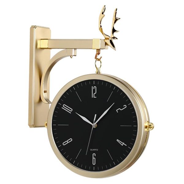 

quality 3d wall hanging clock double side quartz metal deer watch decoration living room horloge clocks