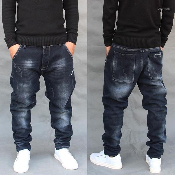 

men's jeans prowow spring 2021 vintage fashion men dark blue loose fit wide leg trousers denim harem pants streetwear
