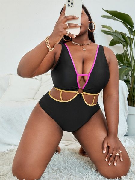 

plus ring linked cut-out one piece swimsuit 38le#, Black
