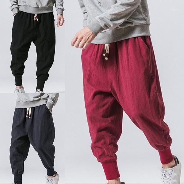 

men's pants harem men japanese loose joggers trousers baggy drawstring drop-crotch pockets for daily wear, Black