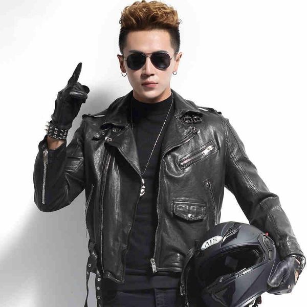 

men's leather & faux brand of men genuine jacket punk, Black