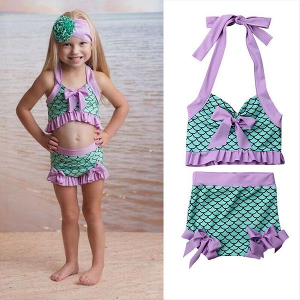 

summer 2pcs toddler kids girls bikini set ruffle mermaid swimming swimwear bathing cute suit, White
