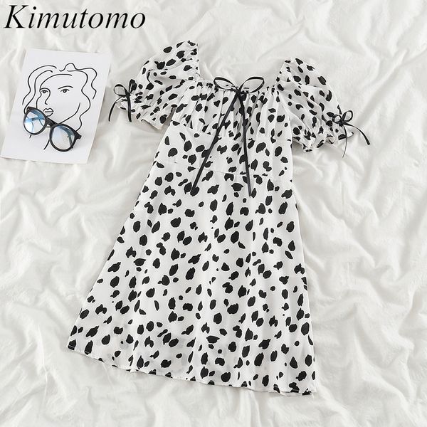 

kimutomo casual summer dresses women square collar bow lace-up puff sleeve ladies mini vestido feminino elegant fashion 210521, Black;gray