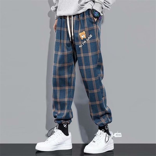 

streetwear blue plaid pants men joggers mens straight harem pants men drawstring korean hip hop trousers sweatpants 211112, Black