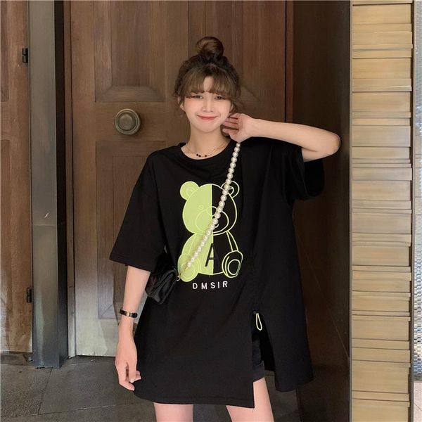 

women's t-shirt ytx757 2021 loose mid-length design split drawstring bear print short-sleeved, White