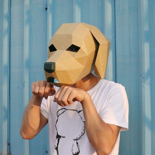 Mascote boneca traje de papel 3d dourado retriever cão cabeça máscara headgear animal adereços de halloween mulher mulher festa papel jogar vestido up artesanato máscaras