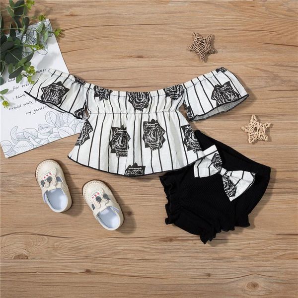 

0-24m baby girl summer 2pcs set 2021 rose printed off-shoulder t-shirt bow triangle short pants toddler girls clothing sets, White