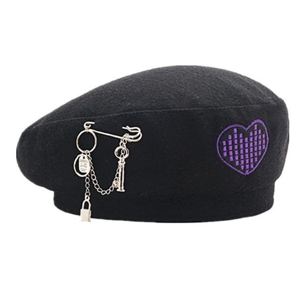 

lady winter england chain berets korean fashion woolen beret hat women girls love embroidery caps warm painter sboy, Blue;gray