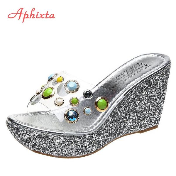 

aphixta 2021 platform bling colorful rhinestone slippers women gemstone slides wedge string bead beach shoes, Black