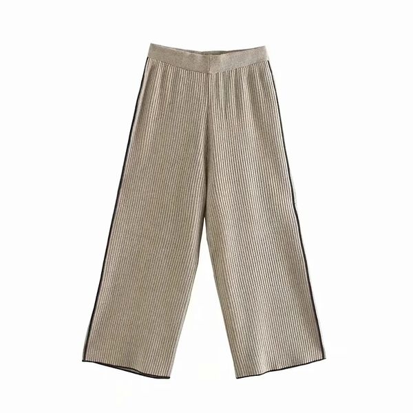 

autumn and winter all-match casual straight high waist wide-leg side striped knitted cropped pants 210521, Black;white
