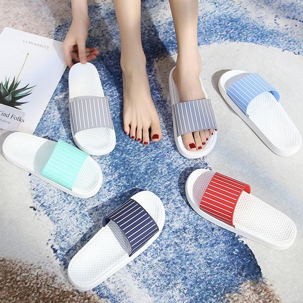 

slippers mixed color strip thicken women open toe take shower home slides summer anti-skid sewing lattices solid patuflas femme, Black