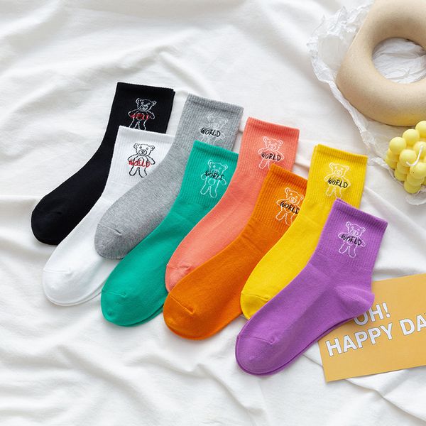 

socks stockings children's medium tube stockings autumn and winter products korean bear embroidery lovely cartoon women's high, Black;white