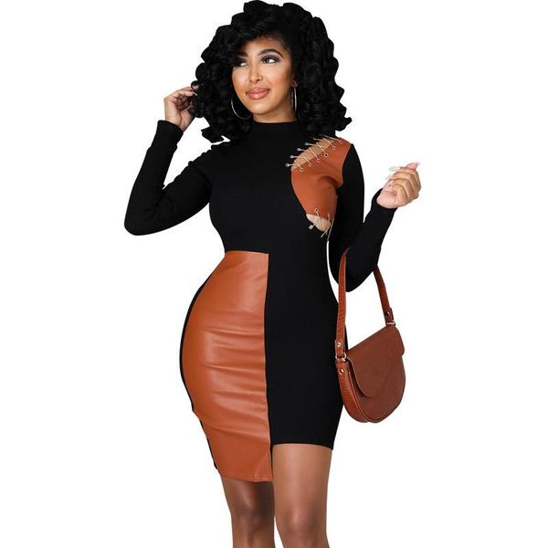 

casual dresses dress pu leather hollow out club for women lace up color patchwork bodycon streetwear vestidos, Black;gray