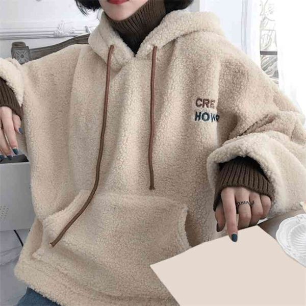 

women hoodies lamb wool fake two-piece hooded sweatshirts knitted halter coats ladies winter autumn warm pullovers 210909, Black