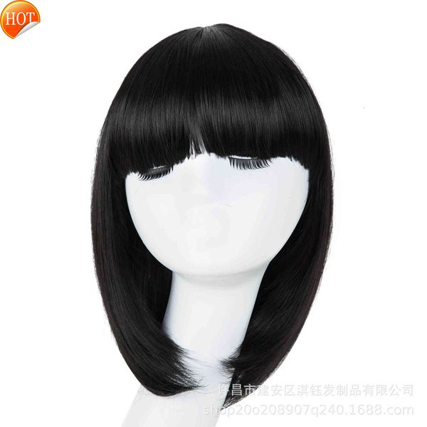 

wig short hair female wig qi bangs bobo head medium length shoulder wave, Black