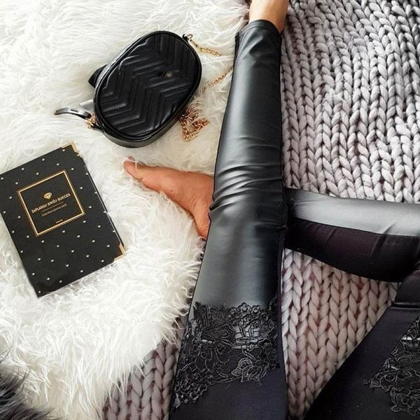 

stretch high waist shiny womens legging pu leather pants skinny vogue lace patchwork faux leggings pencil slim fit, Black