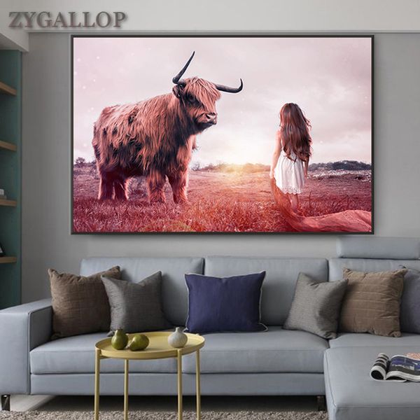 

girl and cow print canvas painting wild animals wall art pictures for living room cuadros scandinavian decor posters and prints