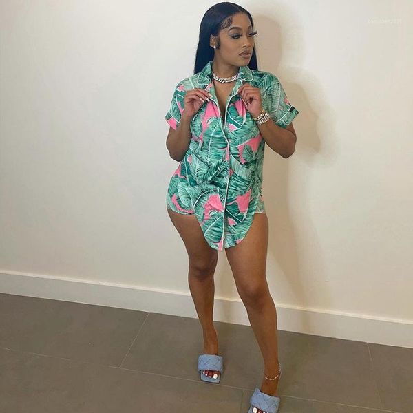 

women's tracksuits 2-piece set summer leaf print lapel cardigan irregular shorts suit casual bohemian beach vacation clothing street, Gray