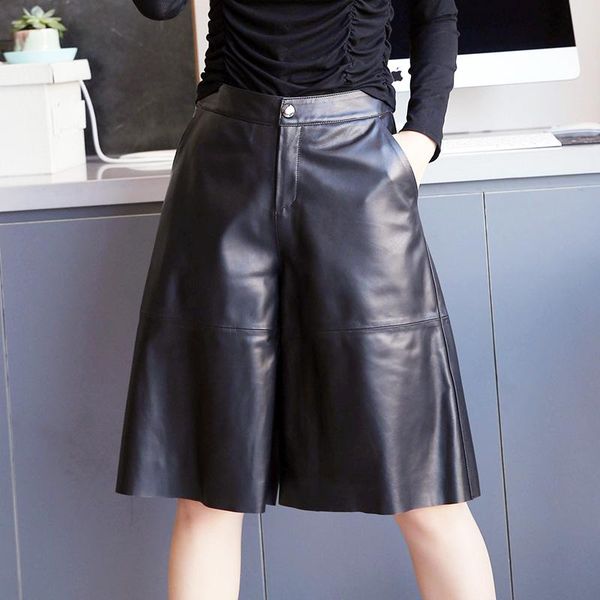 

europe style chic women's genuine leather five pants high-rise wide-leg a514 & capris, Black;white