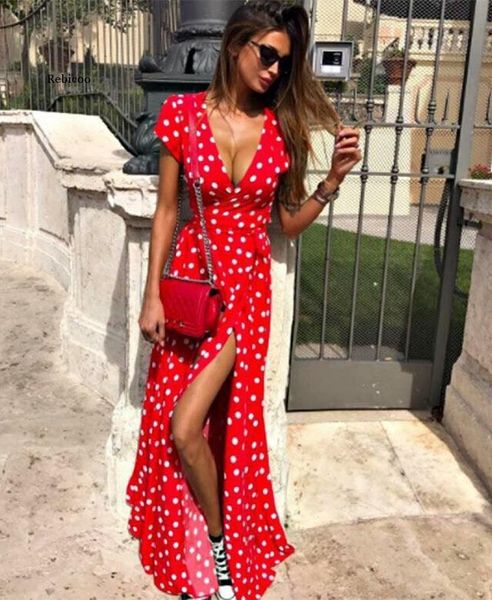 

casual dresses summer women boho dress 2021 v neck short sleeve beach sundress dot print long vintage party, Black;gray