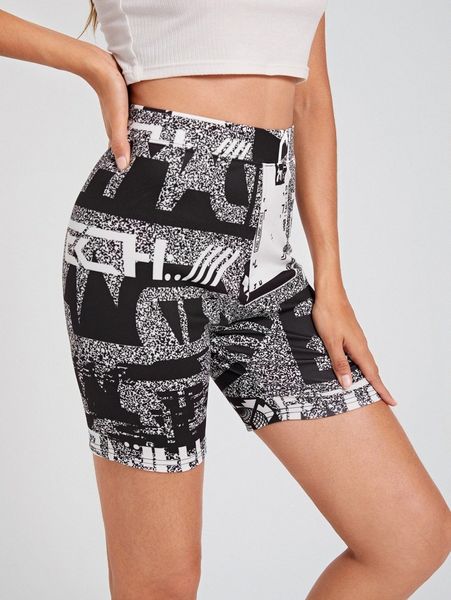 

x cute but psycho elastic waist graphic print biker shorts 41h3#, Black