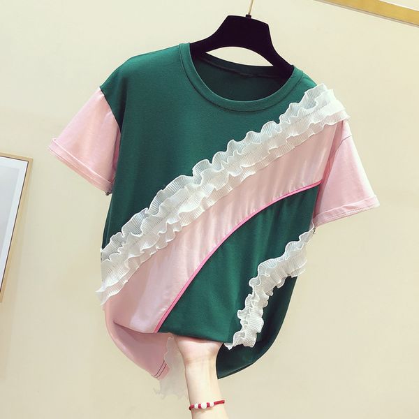 

ruffles patchwork color short-sleeved cotton o neck woman tshirts summer 210421, White