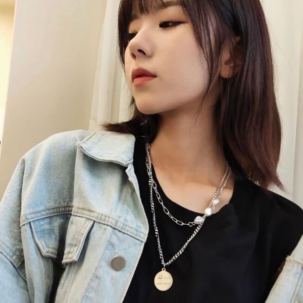 

pendant necklaces layered pearl choker colar thick chains good luck tag necklace for women fashion on neck 2021 jewelry, Silver