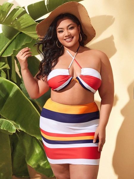

plus striped lace up halter bikini swimsuit & beach skirt g2iv#, Black