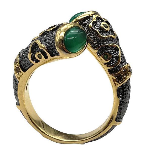 

cluster rings 925 sterling silver ring with emerald for women chalcedony natural stone vintage black open jewelry, Golden;silver