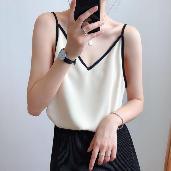 

women spaghetti strap summer tank v-neck fashion silk chiffon sleeveless black white s for 210603