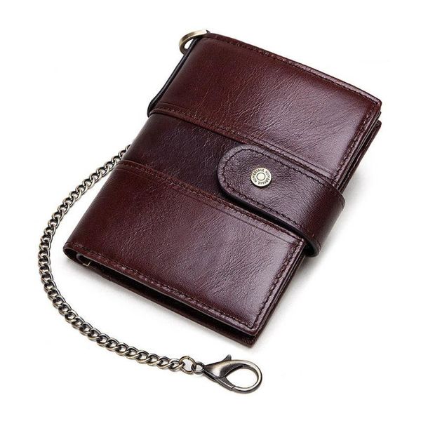 

leather bifold wallet snap coin purse cash pocket organizer holder pouch with anti theft chain m68c wallets, Red;black
