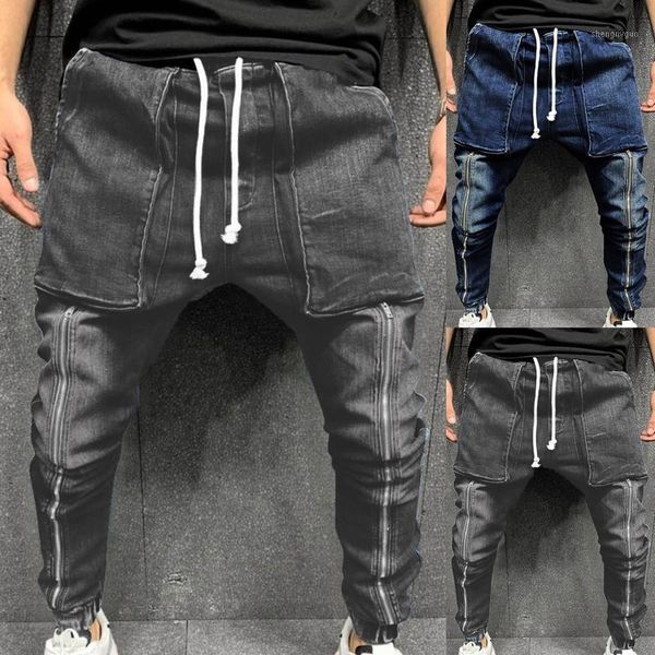 

men's pants men casual sports trousers large pocket mid-waist tethered jeans fashionable zipper decoration trendy peculiar little feet, Black