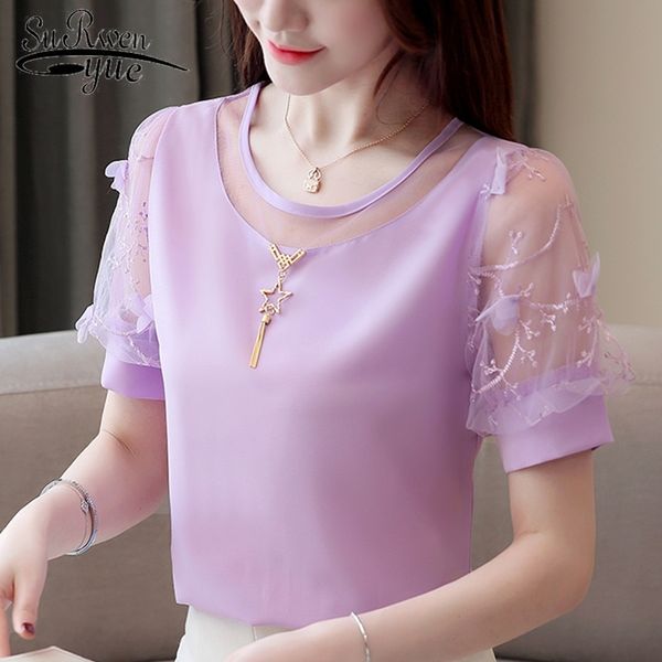 

fashion women blouses plus size summer short sleeve solid chiffon shirts female 3655 50 210508, White