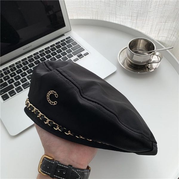 

berets japanese designer style net red pull cool chain beret female korean temperament was thin painter hat autumn and winter wild, Blue;gray