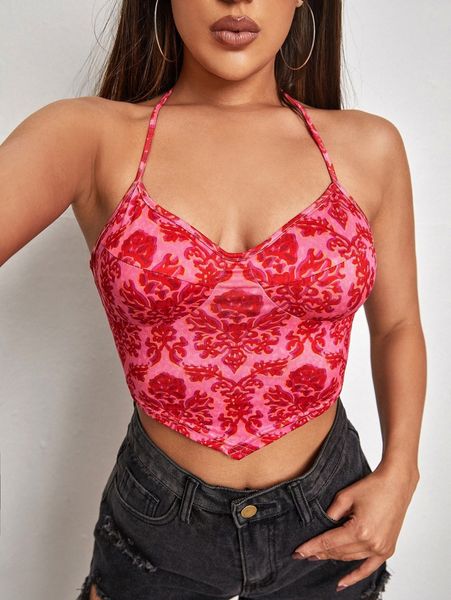 

allover floral print asymmetrical hem halter x75b#, White