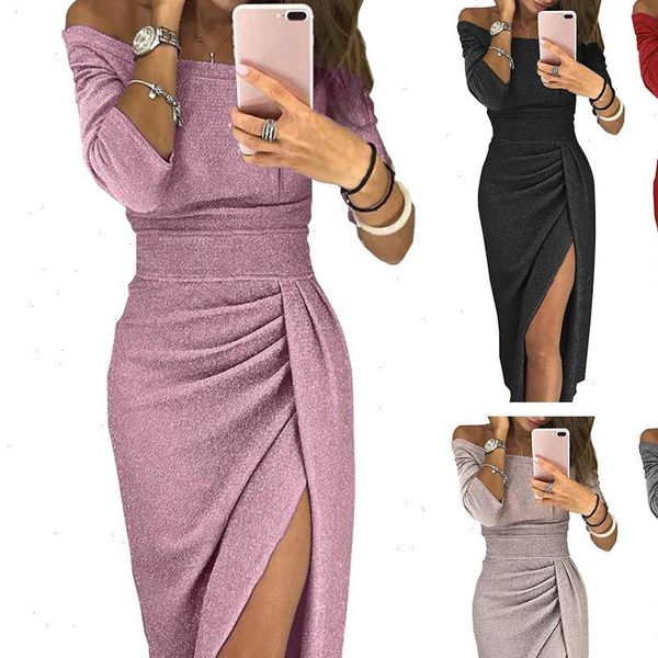

evening party women dresses off shoulder high split 3 4 sleeve bodycon maxi dress vestido de mulher, Black;gray