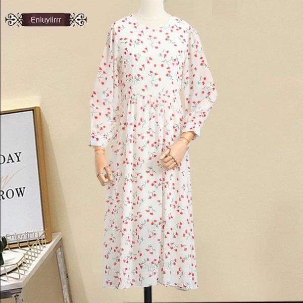 

casual dresses 2021 spring floral printed long s design cute girls korea style white chiffon dress e9200, Black;gray