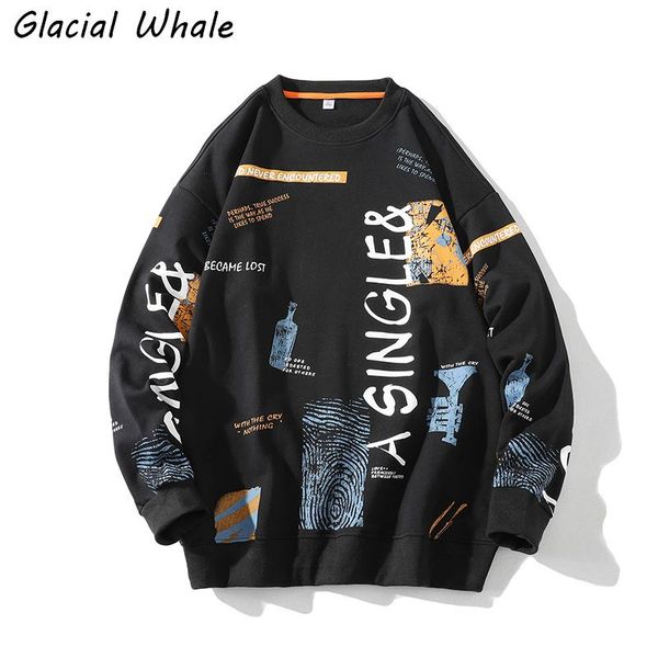

men's hoodies & sweatshirts glacialwhale mens crewneck sweatshirt men graffiti print oversized japanese streetwear black hoodie male