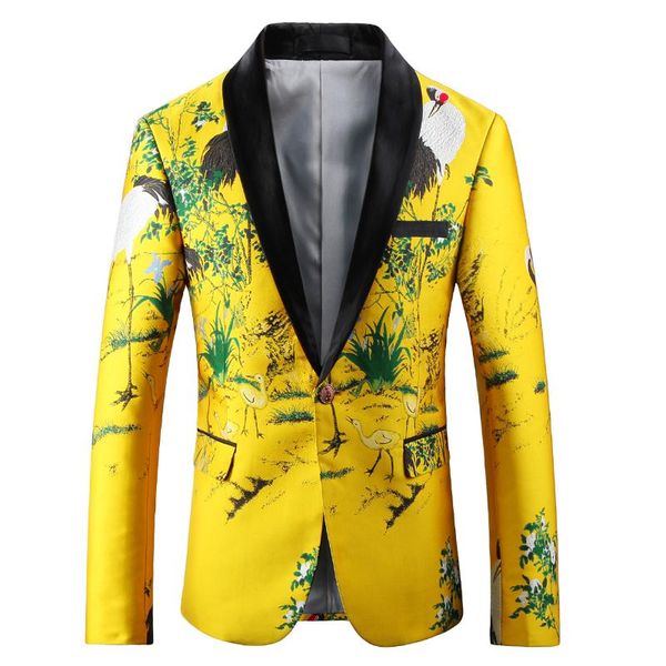 

men's suits & blazers suit yellow embroidery digital printing long sleeve jacket men slim blazer fashion show party one button coat, White;black
