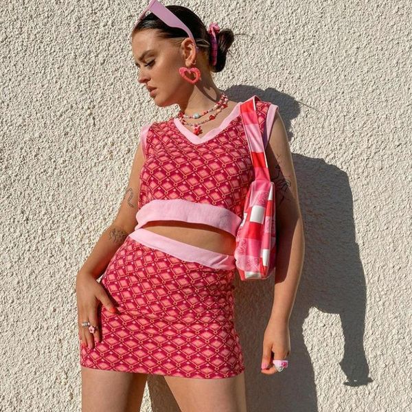 

skirts casual print sleeveless crop streetwear two piece set women, Black